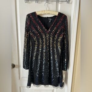 AIDAN MATTOX Womens Sequined Long Sleeve V Neck Mini Cocktail Dress